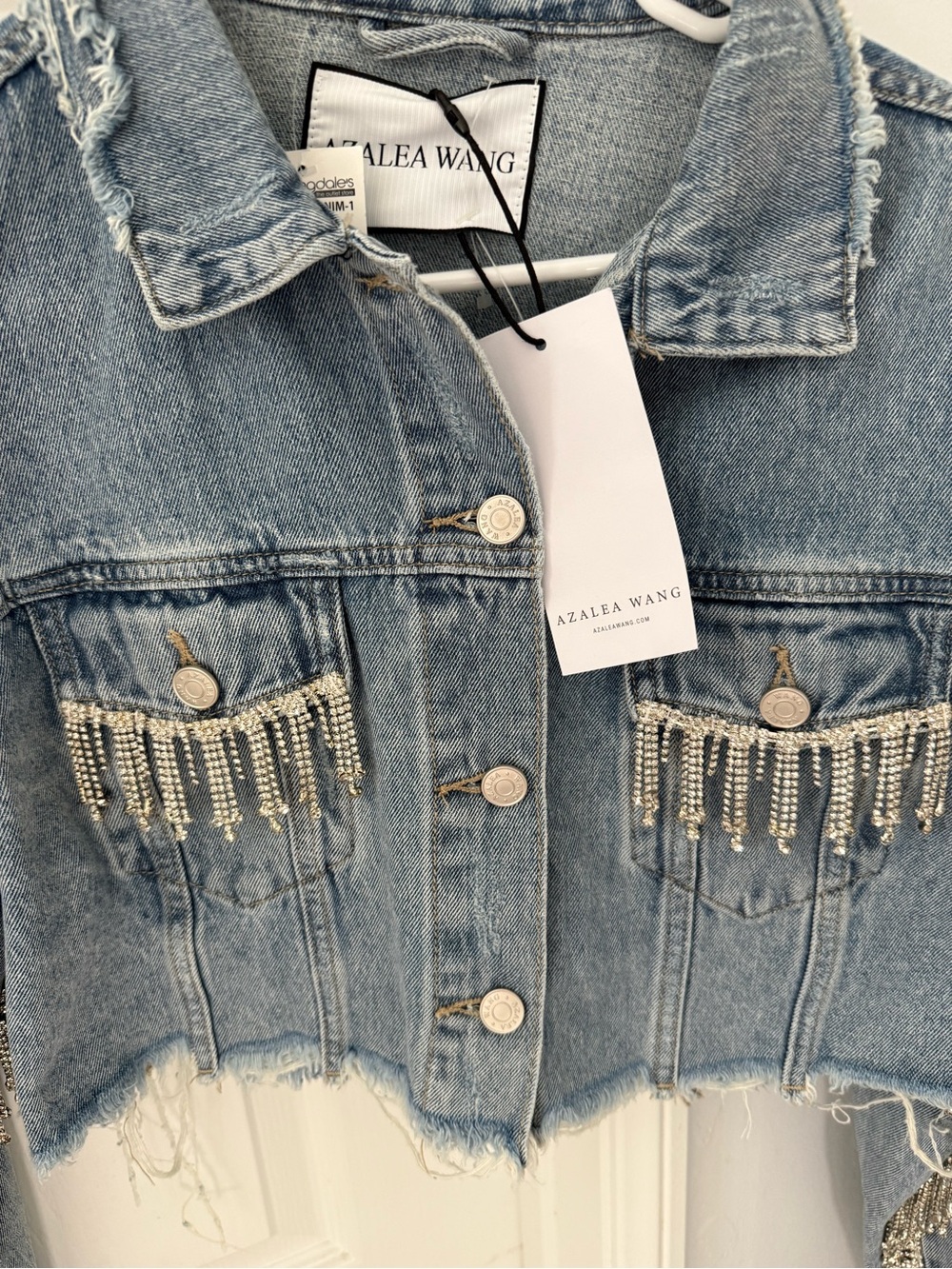Azalea Wang Light Blue Crop Denim Jacket with Rhinestone Fringe